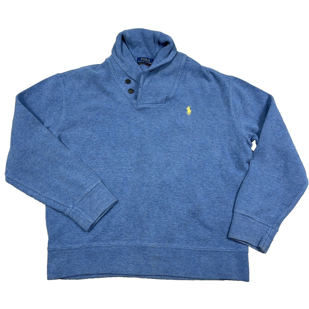 Polo Ralph Lauren Sweater‎ Men Medium Blue Shawl Neck Sweatshirt Pullover Yellow